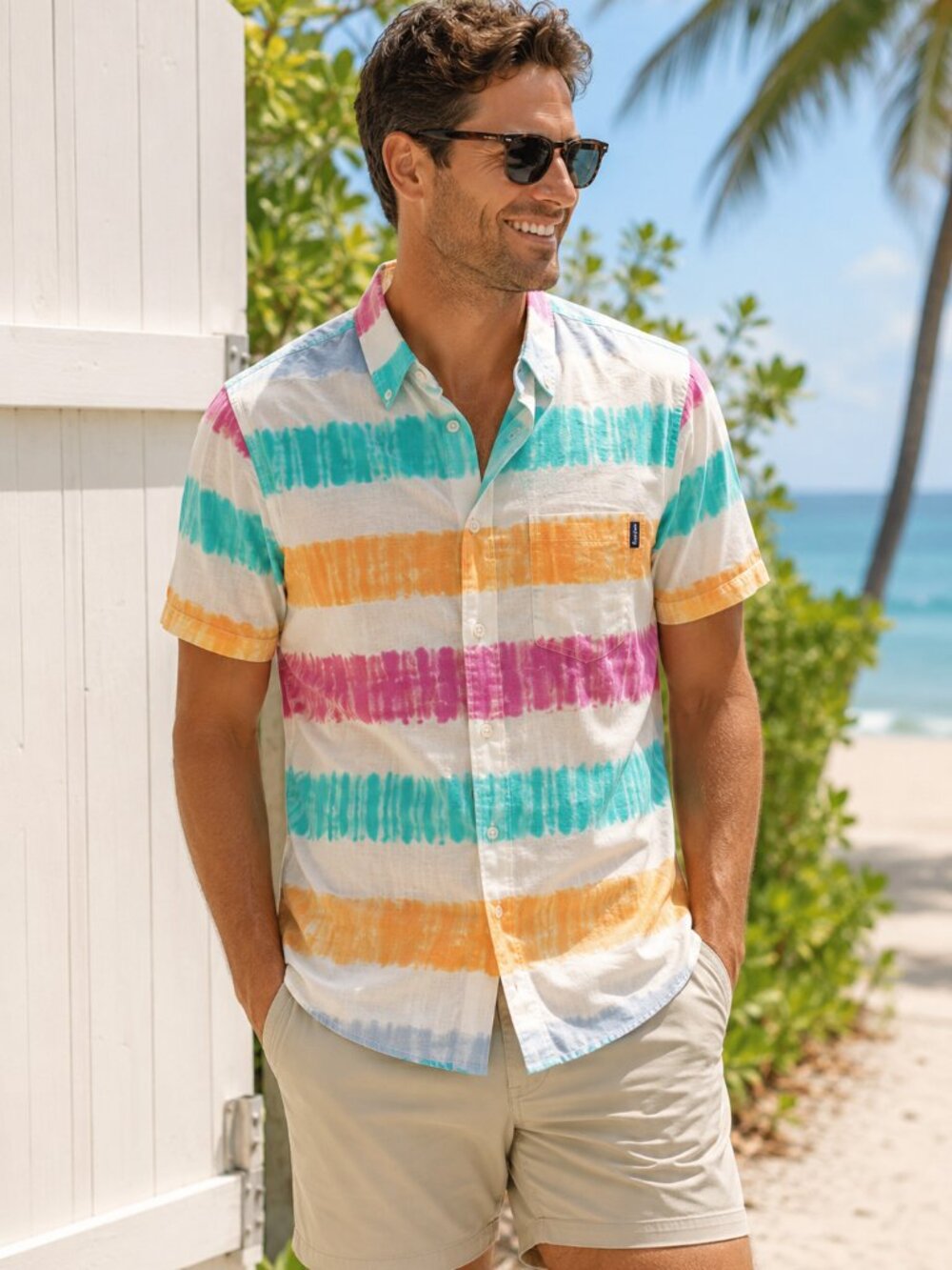 Chubbies Tie-Dye Stripe Button-Up Shirt Multi-Color Pastel Stripe  Size Medium